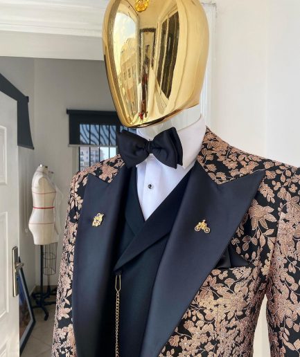 A Charcoal Black Peak Lapel, Pink “Mandarin” Metallic Jacquard Floral Tuxedo Suit