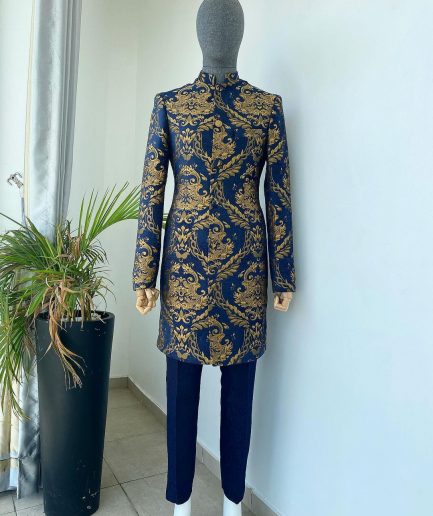 A “Namaste” Indian Sherwani Traditional Wedding Safari Gold Pattern Suit