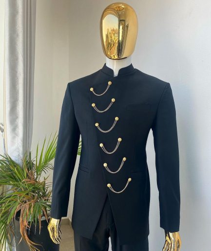 A Reloaded Charcoal black slant front with interconnected gold chain “French” safari suit