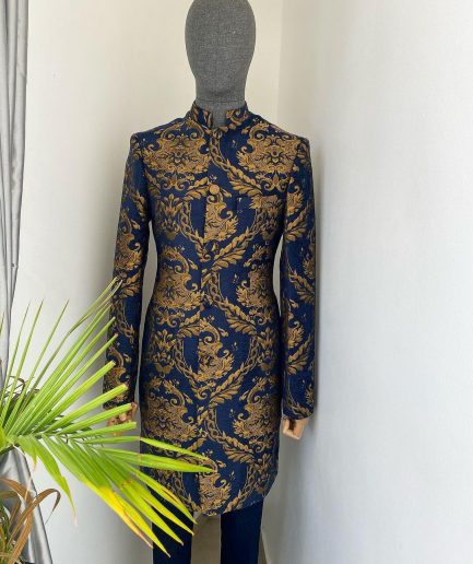 A “Namaste” Indian Sherwani Traditional Wedding Safari Gold Pattern Suit