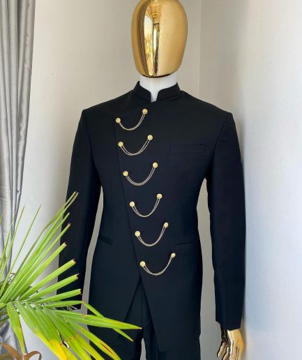 A Reloaded Charcoal black slant front with interconnected gold chain “French” safari suit