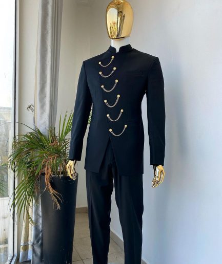 A Reloaded Charcoal black slant front with interconnected gold chain “French” safari suit