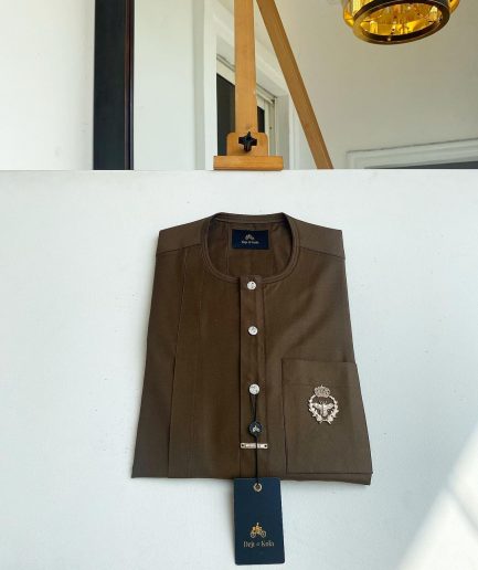 A Brown kaftan, button front flap, gold metal detailing, and silver Swarovski African Kaftan and Sokoto