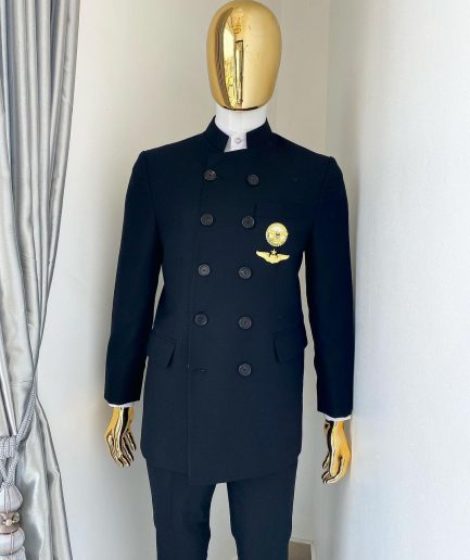 A Charcoal Black Jorgecarli Merino Wool “Clergyman” French Double Breasted Safari Suit