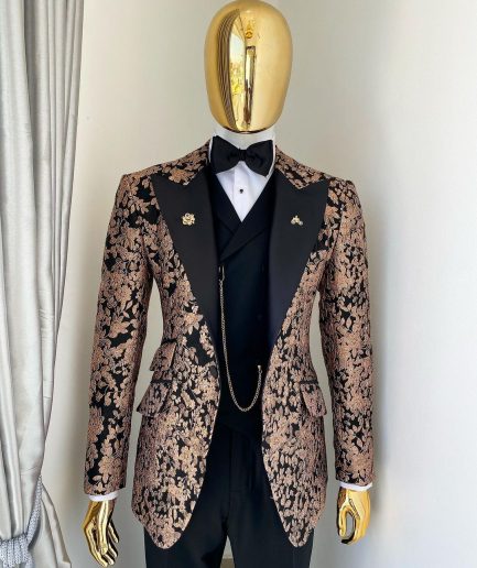 A Charcoal Black Peak Lapel, Pink “Mandarin” Metallic Jacquard Floral Tuxedo Suit