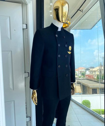 A Charcoal Black Jorgecarli Merino Wool “Clergyman” French Double Breasted Safari Suit
