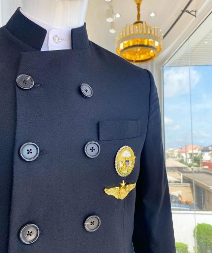 A Charcoal Black Jorgecarli Merino Wool “Clergyman” French Double Breasted Safari Suit