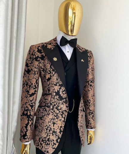 A Charcoal Black Peak Lapel, Pink “Mandarin” Metallic Jacquard Floral Tuxedo Suit