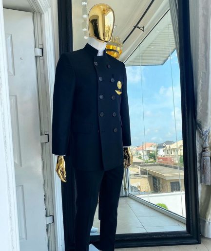 A Charcoal Black Jorgecarli Merino Wool “Clergyman” French Double Breasted Safari Suit