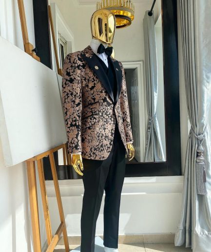 A Charcoal Black Peak Lapel, Pink “Mandarin” Metallic Jacquard Floral Tuxedo Suit