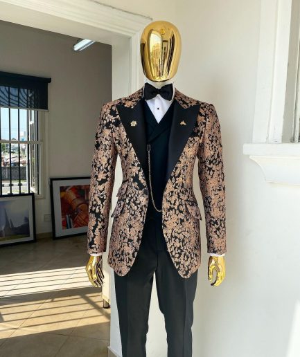 A Charcoal Black Peak Lapel, Pink “Mandarin” Metallic Jacquard Floral Tuxedo Suit