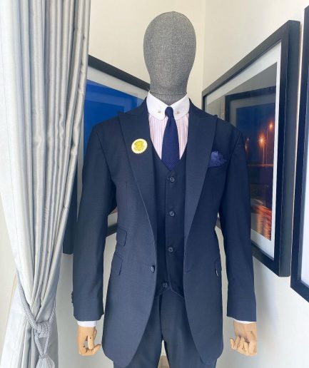 A Navy Blue Nobility Fabric “Board Room” 3 Piece Peak Lapel Suit