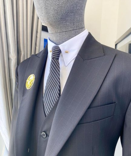A Charcoal Black Pinstripe “Board Room” Peak Lapel Suit
