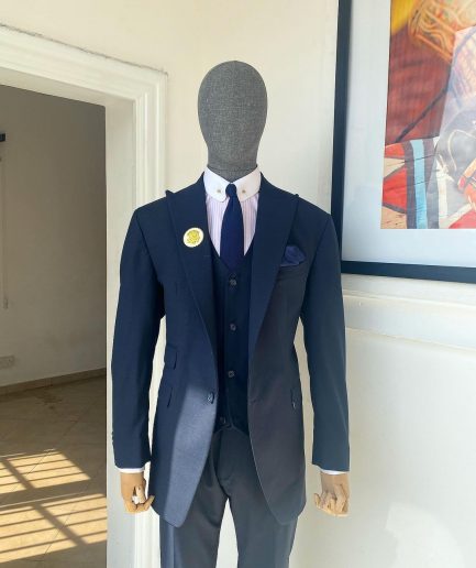 A Navy Blue Nobility Fabric “Board Room” 3 Piece Peak Lapel Suit