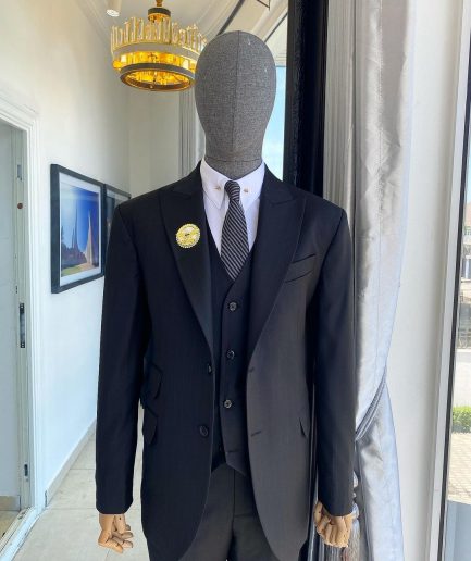 A Charcoal Black Pinstripe “Board Room” Peak Lapel Suit