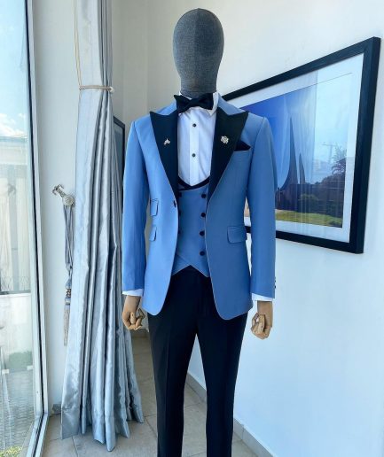A Sky Blue Peak Lapel Tuxedo Suit