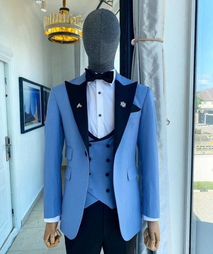 A Sky Blue Peak Lapel Tuxedo Suit