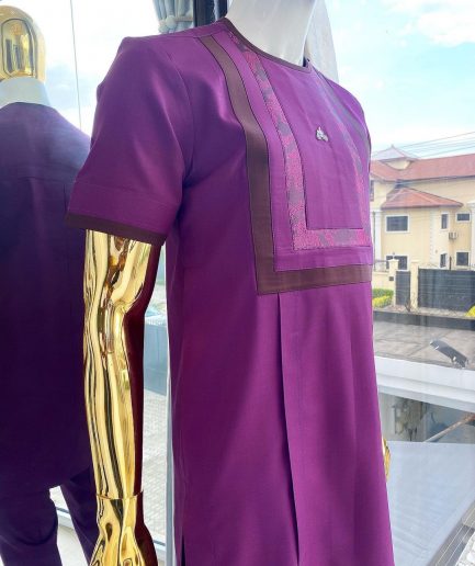 An invisible neckline, rectangular-shaped related shade of purple with paisley mix design African Kaftan