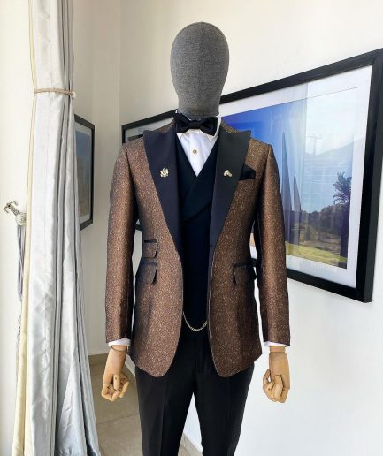 A Peak Lapel Brunette Brown “Mandarin” Metallic Jacquard Dotted Tuxedo Suit