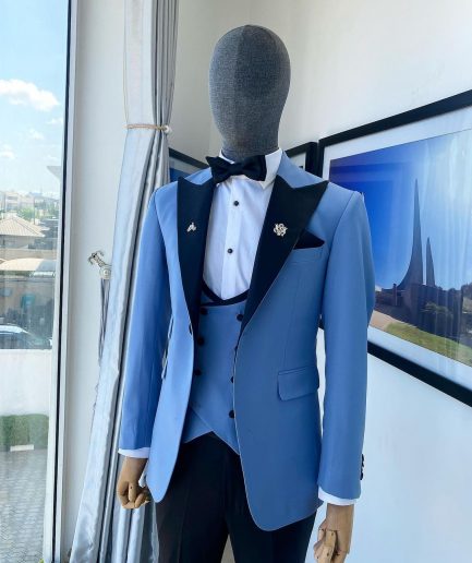 A Sky Blue Peak Lapel Tuxedo Suit