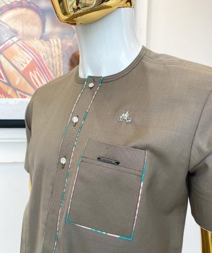 A cedar grey paisley mix, front flap with Swarovski buttons short-sleeved African traditional native senator kaftan