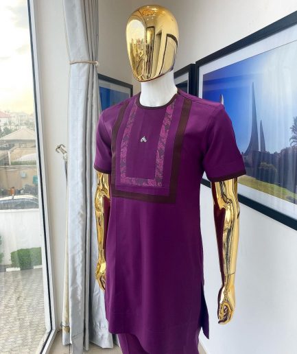 An invisible neckline, rectangular-shaped related shade of purple with paisley mix design African Kaftan
