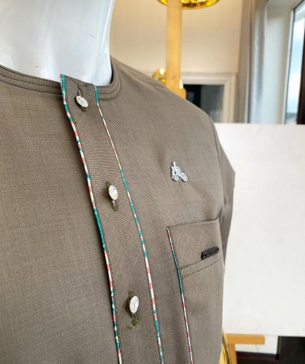 A cedar grey paisley mix, front flap with Swarovski buttons short-sleeved African traditional native senator kaftan