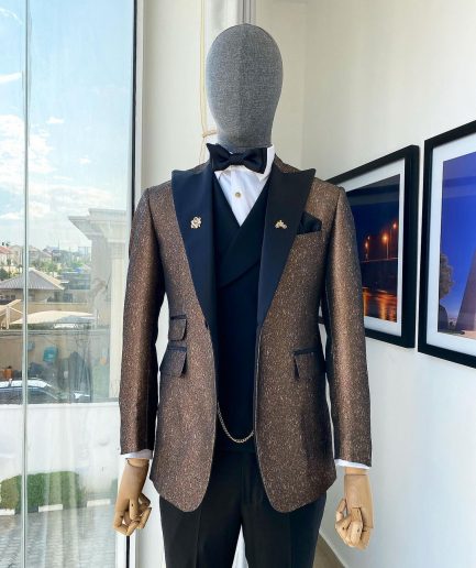 A Peak Lapel Brunette Brown “Mandarin” Metallic Jacquard Dotted Tuxedo Suit