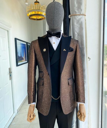 A Peak Lapel Brunette Brown “Mandarin” Metallic Jacquard Dotted Tuxedo Suit
