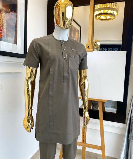 A cedar grey paisley mix, front flap with Swarovski buttons short-sleeved African traditional native senator kaftan