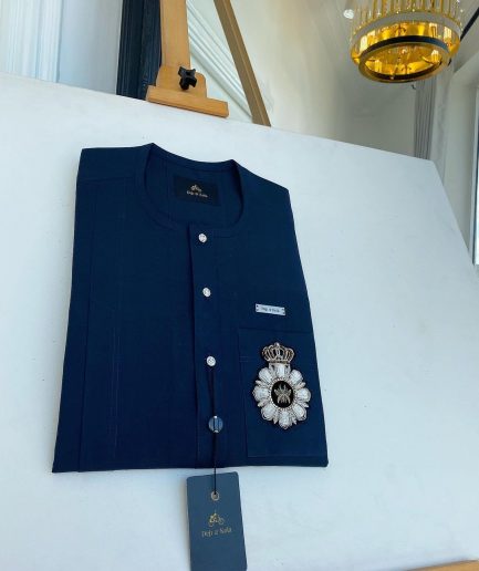 A Midnight Blue, Front Flap With Clear View Swarovski Buttons African Traditional Senator Kaftan.