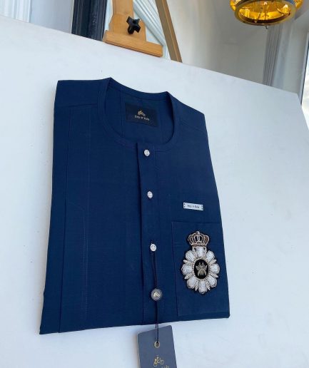 A Midnight Blue, Front Flap With Clear View Swarovski Buttons African Traditional Senator Kaftan.