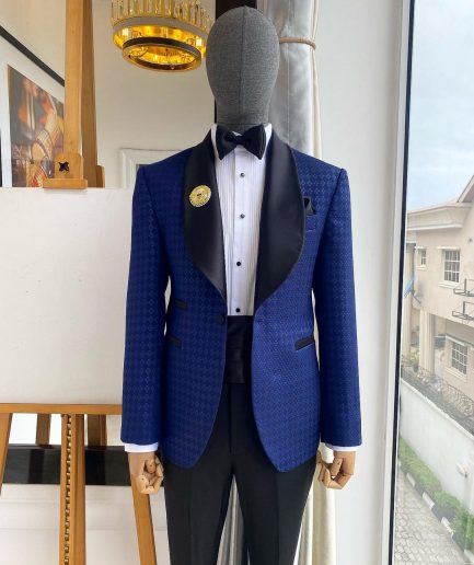 A Navy And Midnight Mixed Square Pattern Jacquard Shawl Lapel Tuxedo Suit.