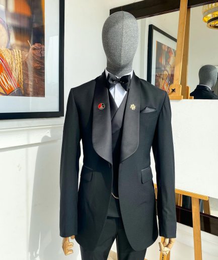 A Charcoal Black Nobility Fabric Shawl Lapel Tuxedo Suit