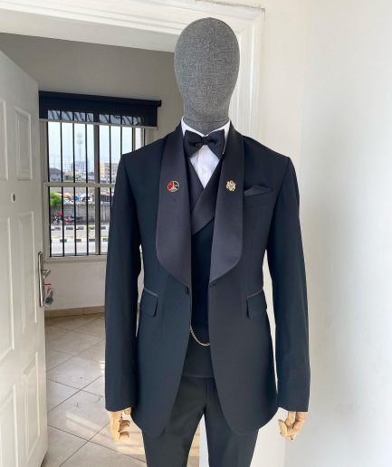 A Charcoal Black Nobility Fabric Shawl Lapel Tuxedo Suit