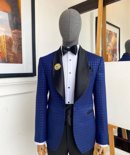 A Navy And Midnight Mixed Square Pattern Jacquard Shawl Lapel Tuxedo Suit.