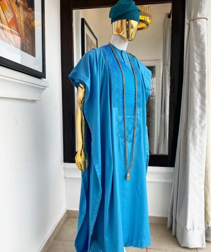 A Deep sky blue Embroidery Agbada, hand knitted aso oke cap, kaftan and sokoto