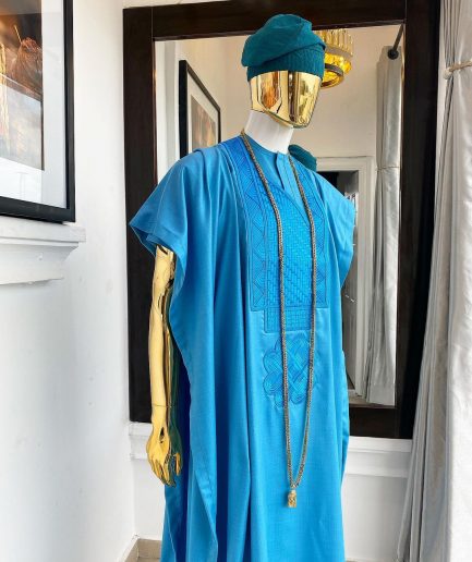 A Deep sky blue Embroidery Agbada, hand knitted aso oke cap, kaftan and sokoto
