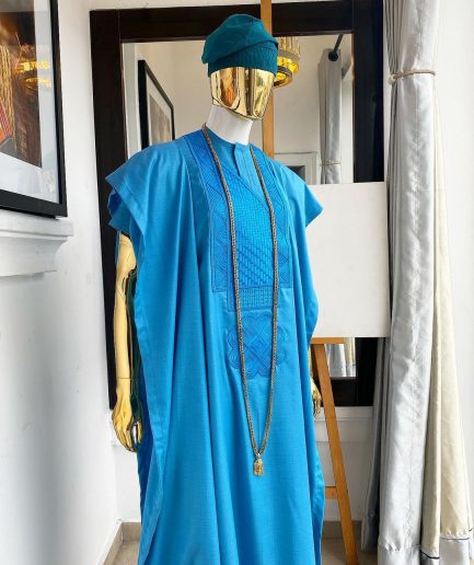 A Deep sky blue Embroidery Agbada, hand knitted aso oke cap, kaftan and sokoto