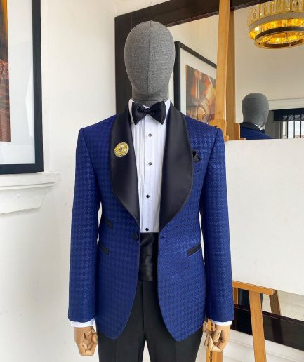 A Navy And Midnight Mixed Square Pattern Jacquard Shawl Lapel Tuxedo Suit.