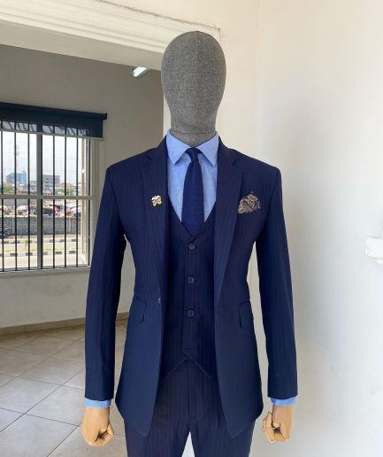 A Navy Blue Pin Stripe Double Breasted - “Board Room” Notch Lapel Suit