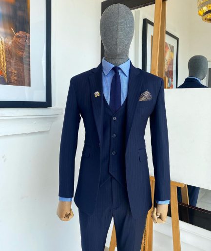 A Navy Blue Pin Stripe Double Breasted - “Board Room” Notch Lapel Suit