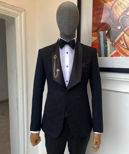 A Charcoal Black Floral Jacquard Sharp Wide Cut Shawl Lapel Tuxedo Suit