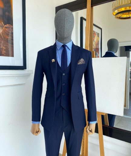 A Navy Blue Pin Stripe Double Breasted - “Board Room” Notch Lapel Suit
