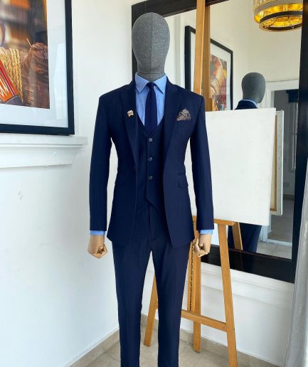 A Navy Blue Pin Stripe Double Breasted - “Board Room” Notch Lapel Suit