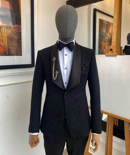 A Charcoal Black Floral Jacquard Sharp Wide Cut Shawl Lapel Tuxedo Suit