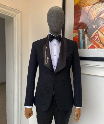 A Charcoal Black Floral Jacquard Sharp Wide Cut Shawl Lapel Tuxedo Suit