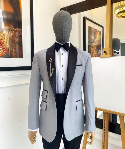 A Cloud Grey Shawl Lapel Tuxedo Suit