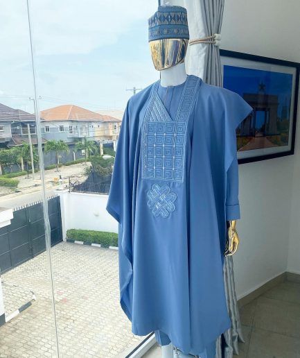 A Corn flower blue Agbada with embroidery, hand knitted Fulani hat, kaftan and sokoto