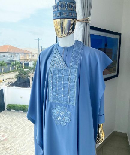 A Corn flower blue Agbada with embroidery, hand knitted Fulani hat, kaftan and sokoto